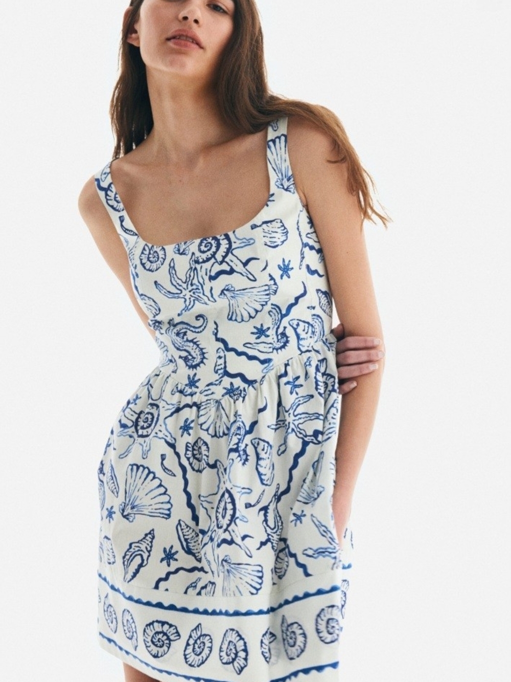 H&M White Mini Dress with Blue Seashell Print